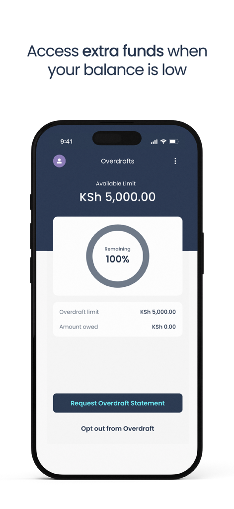 Kopo Kopo app screen showing a business overdraft limit of 5,000 Kenyan Shillings