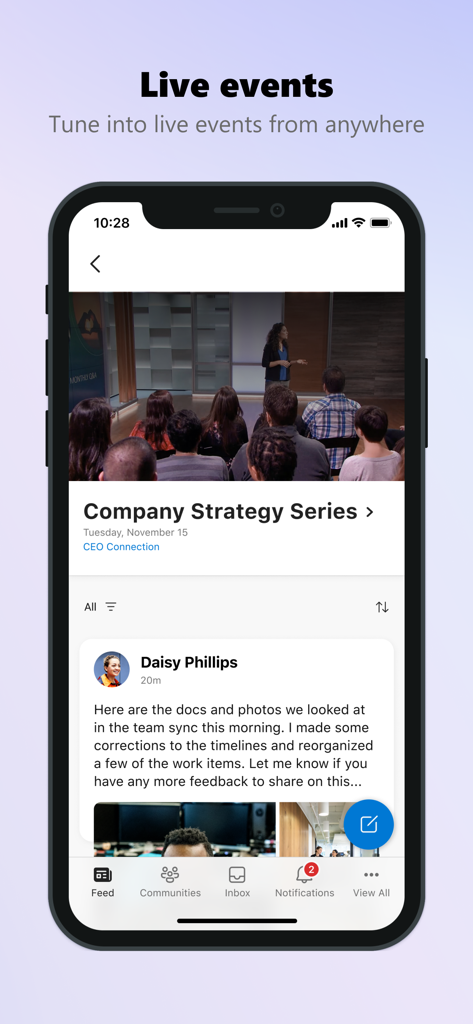 Viva Engage - Viva Engage mobile app showing a live company strategy session and employee feed
