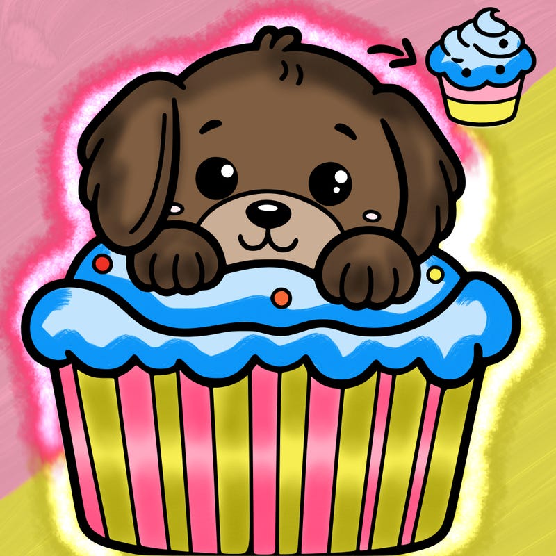 a puppy is poking out of a cupcake