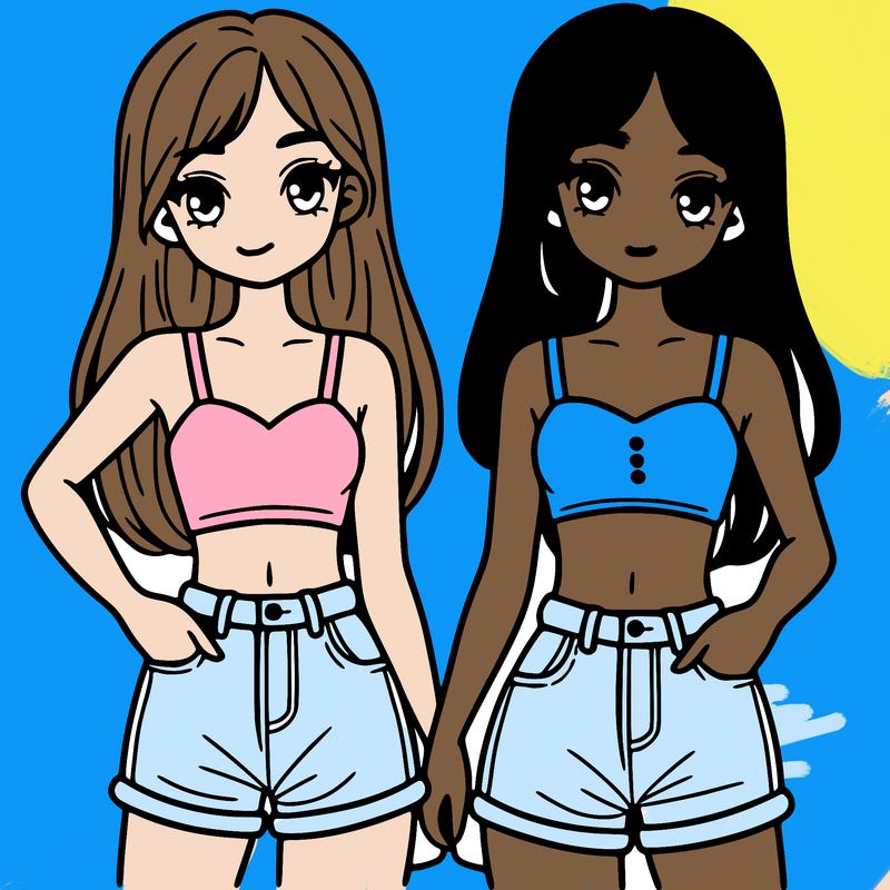 two sisters with crop tops and jean shorts and straight hair