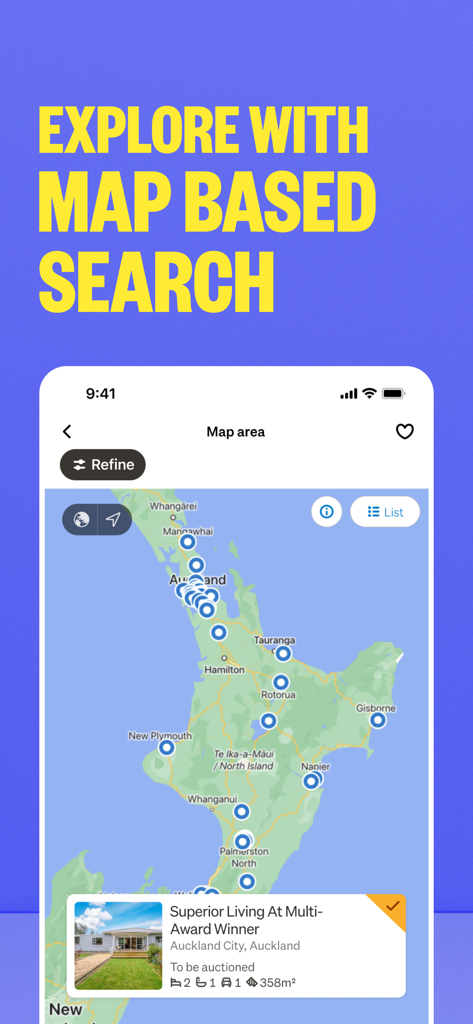 Interfaz de búsqueda de mapas de la aplicación Trade Me Property que muestra anuncios inmobiliarios en toda Nueva Zelanda