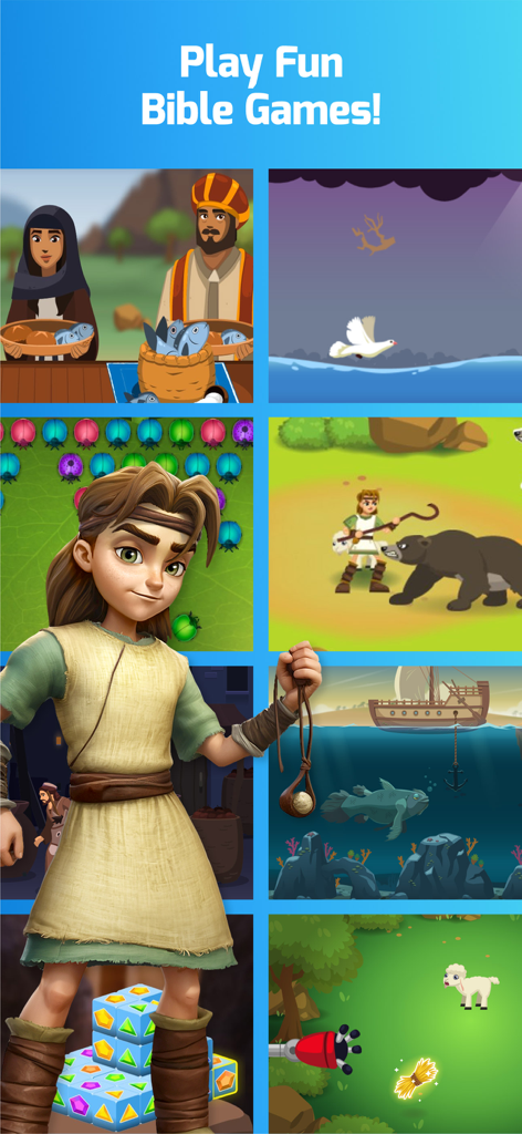 Superbook Kids Bible - アニメ化された聖書のキャラクターやシーンが登場する、子供向けのインタラクティブな聖書ゲームのコラージュ