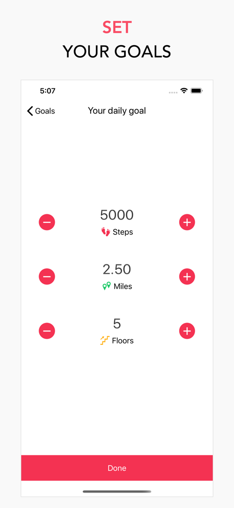 A screenshot of the doSteps app showing the screen for setting daily goals for steps, miles, and floors climbed.