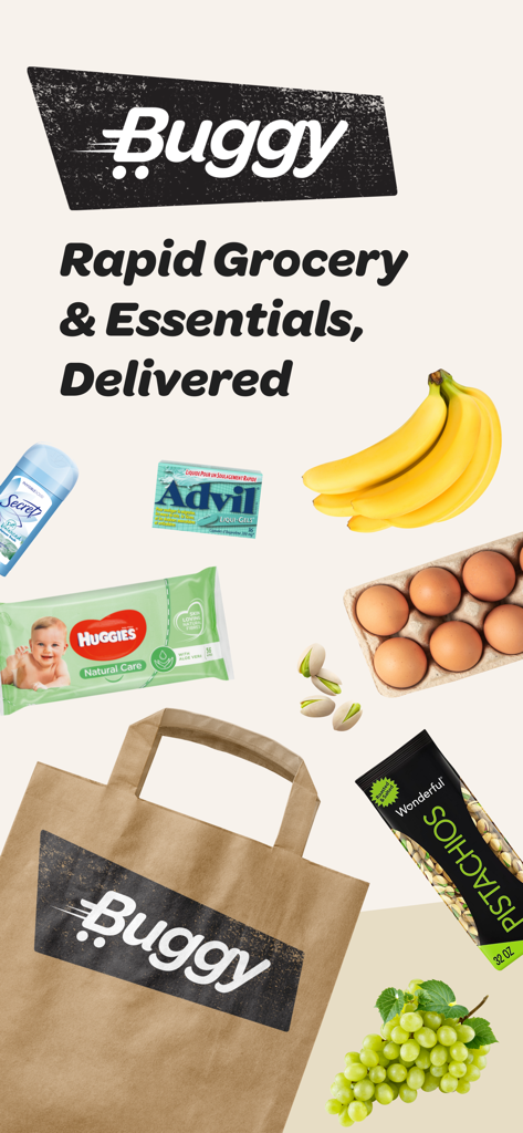 Buggy - Buggy app promotion for rapid delivery of groceries and essentials showing a branded bag and various household items.