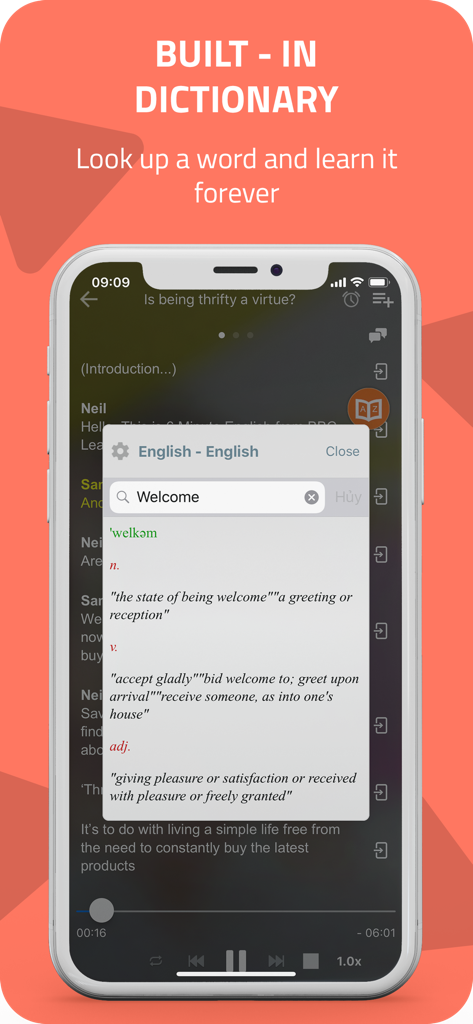 Screenshot of the Learn English by Conversation app showing the built-in dictionary lookup feature during a lesson.