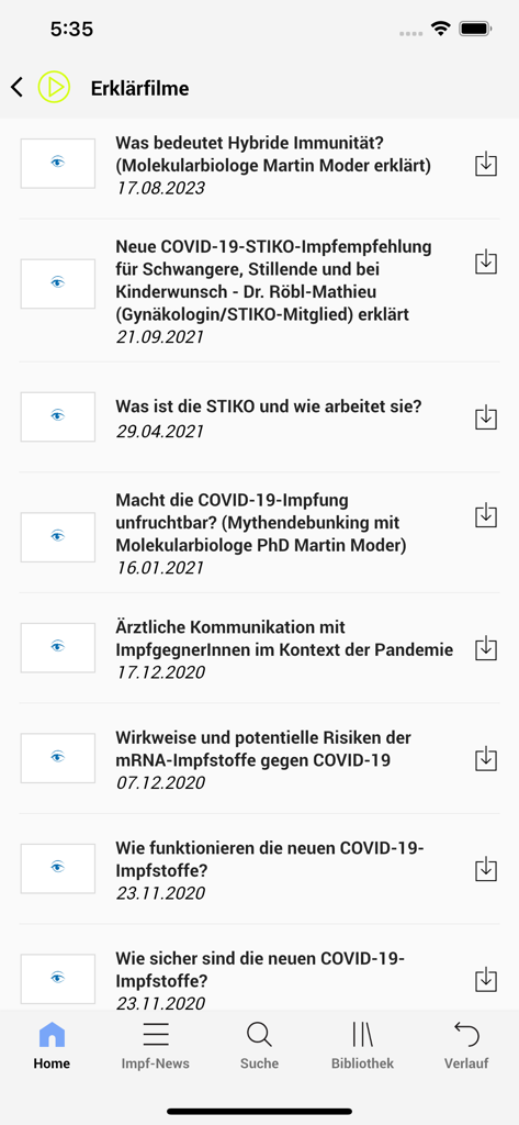 STIKO-App - A list of medical explanatory videos about vaccinations and public health within the STIKO-App interface