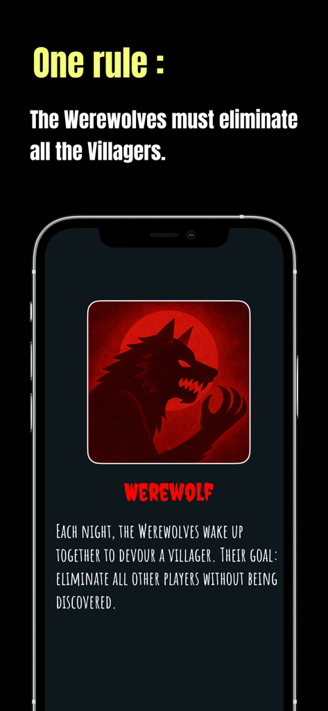 Pantalla de la aplicación Werewolf Undercover que explica el rol de Hombre Lobo y la regla principal del juego para eliminar aldeanos