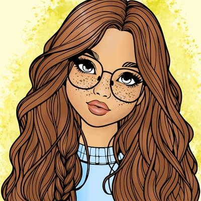 girl with long hair and freckles and glasses realistic
