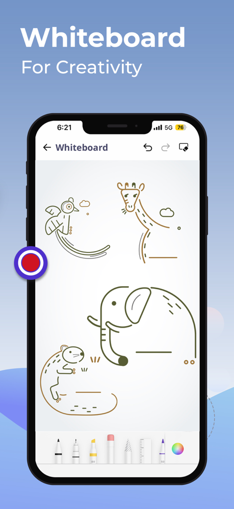 Screen Recorder: Create & Edit - A smartphone screen displaying the whiteboard interface of a screen recorder app featuring various animal drawings and creative tools