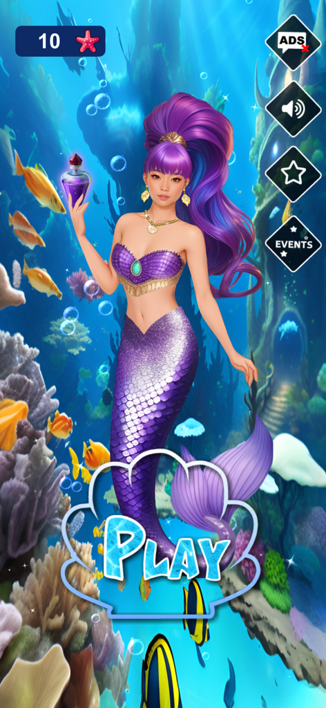 Mermaid Dress Up Game - Main menu of the Mermaid Dress Up Game featuring a purple haired mermaid princess underwater