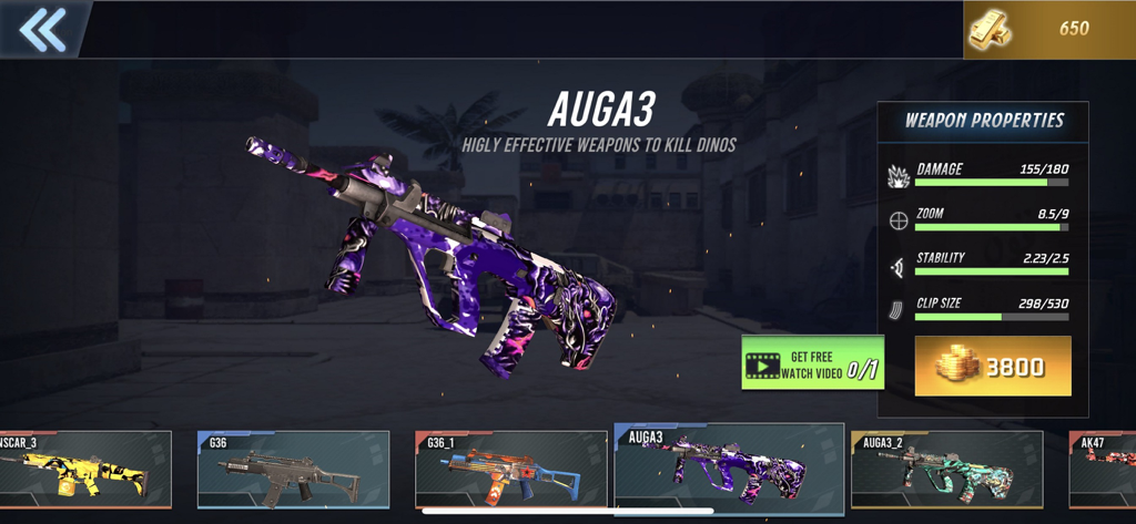 Schermata di selezione armi in Gun Zone che mostra un fucile AUGA3 con una skin viola e statistiche di prestazioni