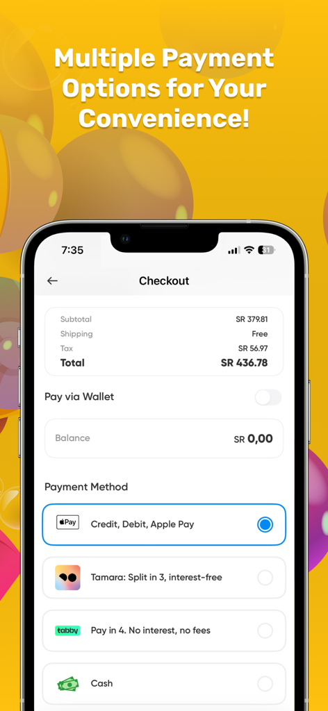Dabdoob 앱의 결제 화면에는 Apple Pay 및 할부 결제를 포함한 여러 결제 방법이 표시됩니다.