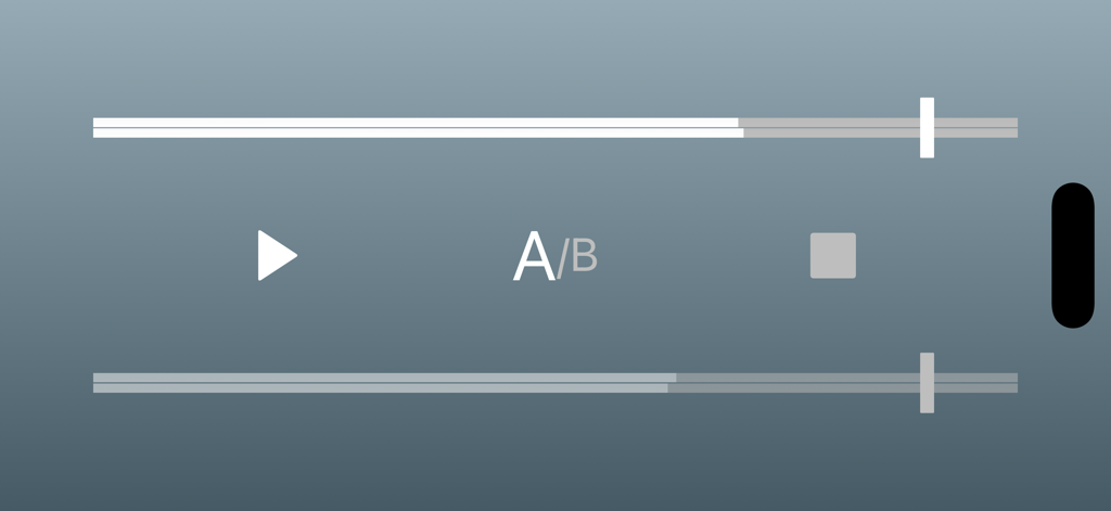 Interface of the A/B Audio app featuring two progress bars and buttons for live switching between audio tracks