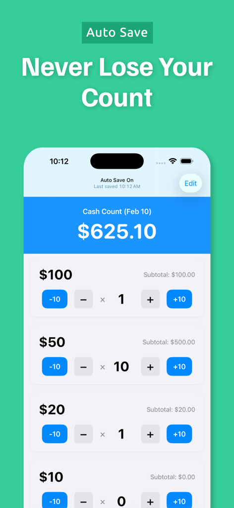 A screenshot of the Money Counter app showing the auto save feature and cash totaling interface.