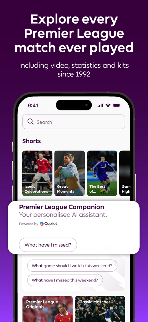Premier League app interface displaying match history archive and the AI companion assistant feature.