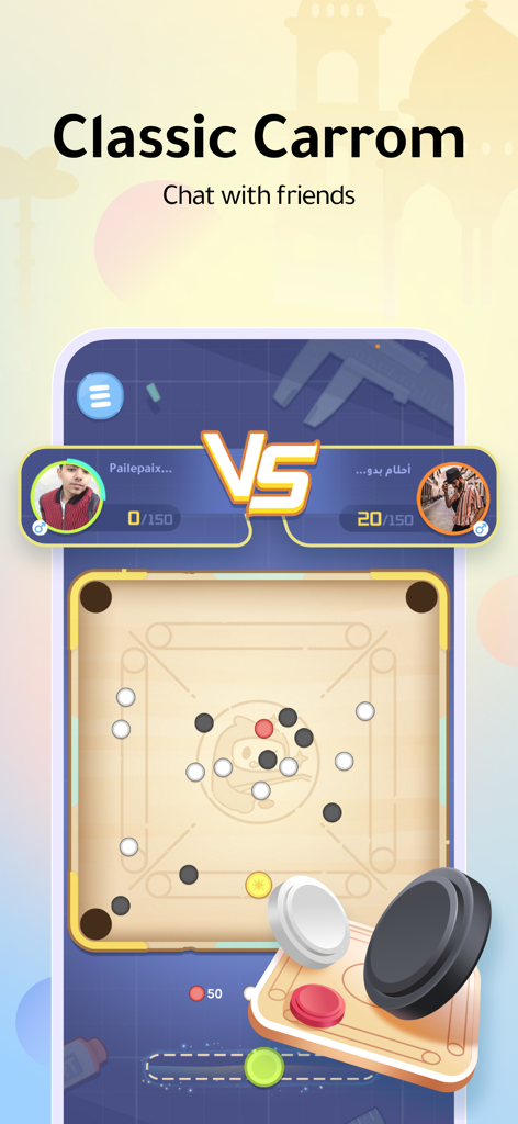 WePlay - Game & Party - Dos jugadores compitiendo en un partido de Carrom Clásico en la aplicación WePlay