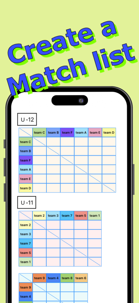 Mobile screen displaying league tables for youth sports tournament management