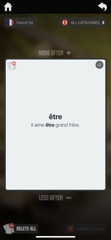 OUINO French (members only) - OUINO French app flashcard interface showing the verb etre and an example sentence.