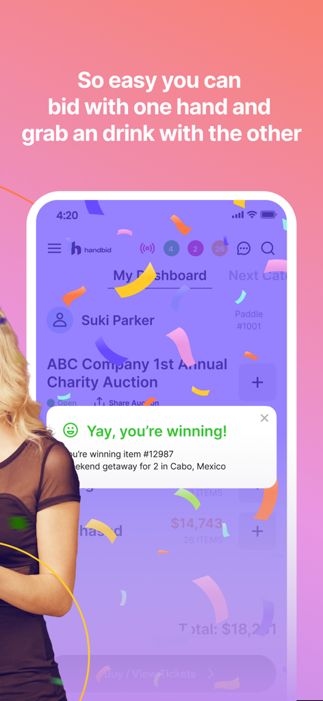 Handbid - Handbid app interface showing a winning bid notification for a charity auction item with confetti