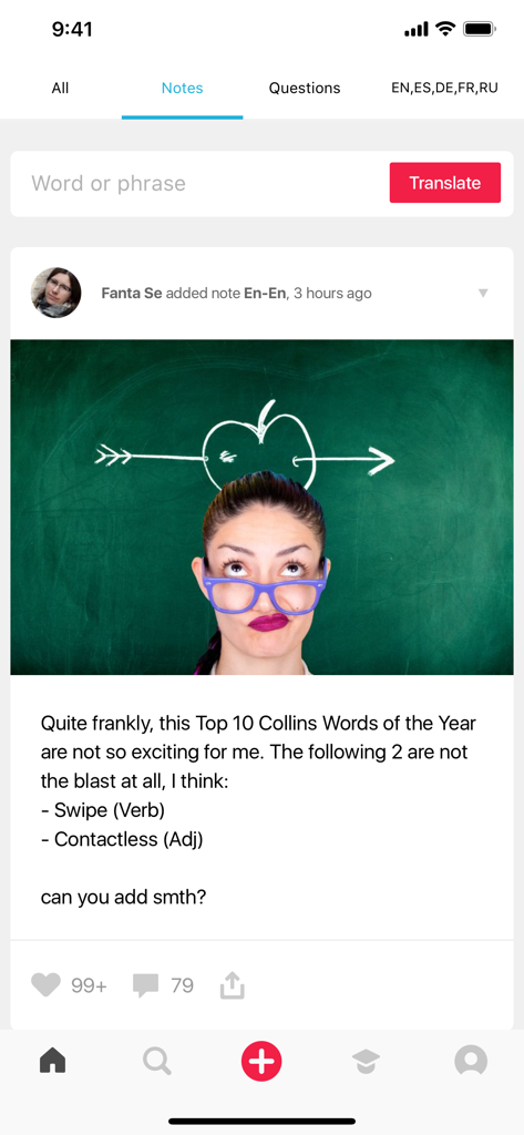 Community discussion post about vocabulary in the Language Live Dictionary app.
