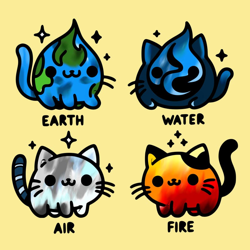 4 cats that represent the different elements, earth, water, air, and fire