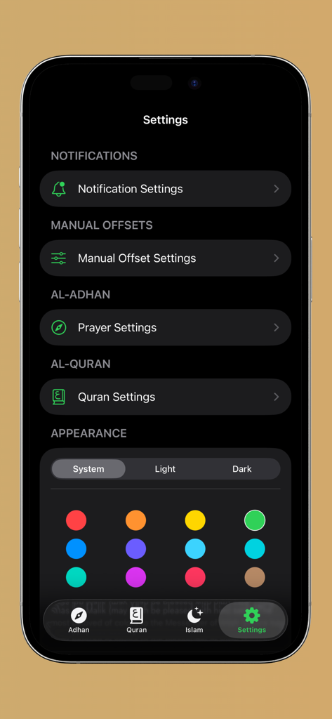 Einstellungsbildschirm der Al-Islam-App, der Designmodi und Optionen zur Anpassung der Akzentfarbe anzeigt.