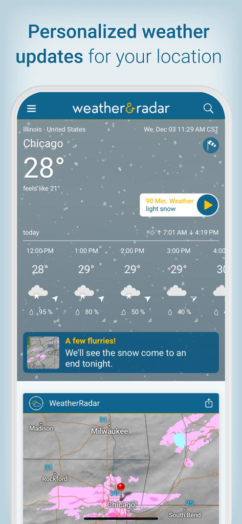 Smartphone screen showing a local weather forecast for Chicago with snow alerts and a radar map.