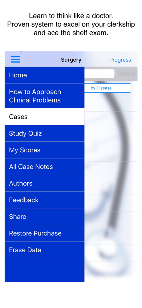 Side navigation menu of the Case Files Surgery medical education app showing study and exam options