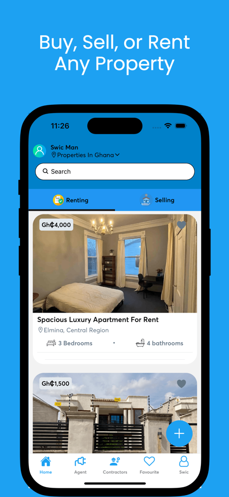 Easy Rent Ghana: Homes & more - Easy Rent Ghana app interface showing real estate listings for rent and sale in Ghana.