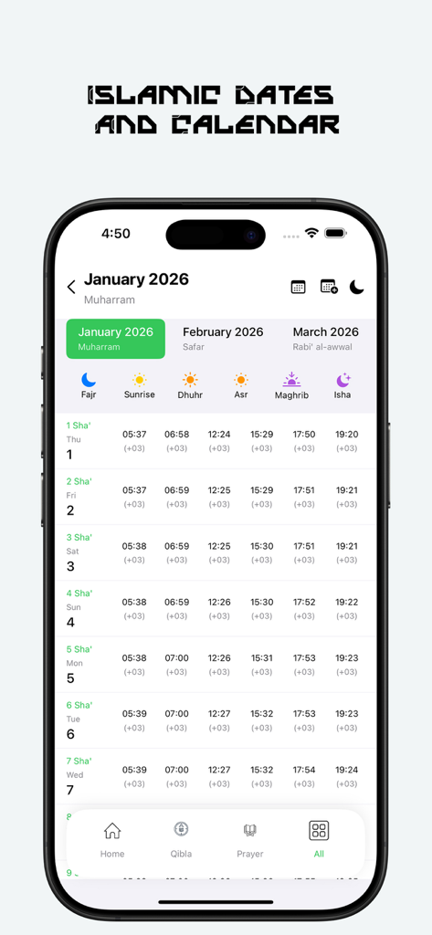 Ramadan Map - Captura de pantalla de la aplicación Ramadan Map que muestra las fechas islámicas y la interfaz del calendario de horarios de oración diarios