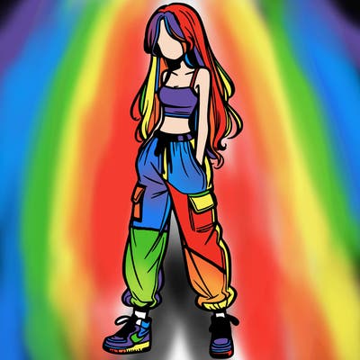 girl in baggy pants crop top and long hair