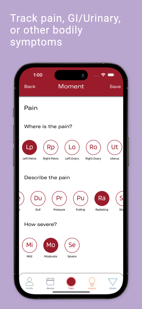 Phendo - Phendo app interface for tracking endometriosis pain location and severity