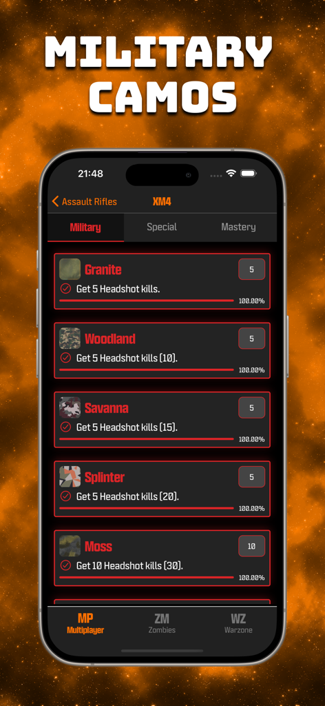 BO6 Camo Tracker - A smartphone screen displaying the military camo progress for the XM4 rifle in the BO6 Camo Tracker app, showing headshot challenge requirements and completion percentages.