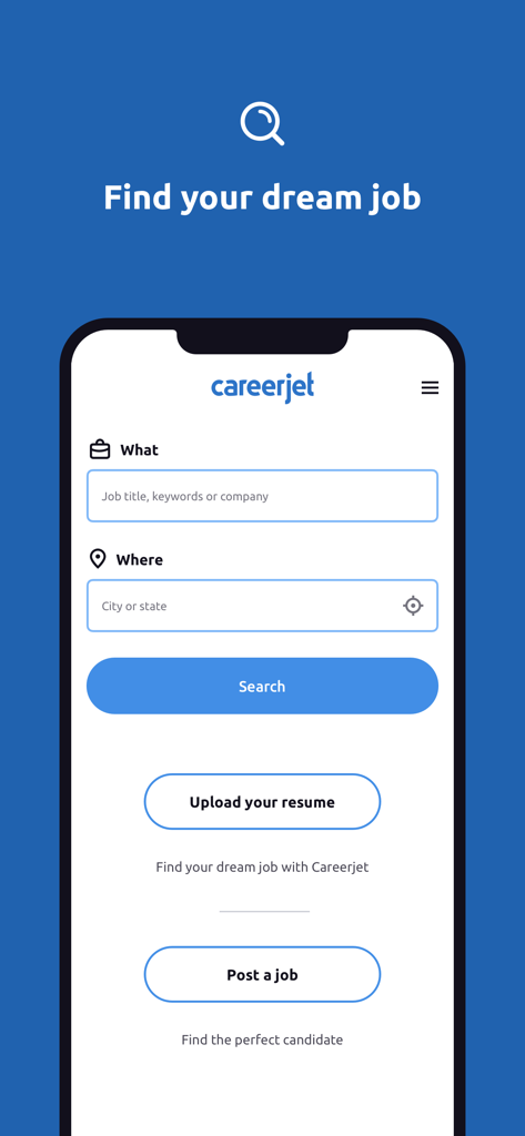 Careerjet Job Search - Interfaz de la aplicación de búsqueda de empleo Careerjet con campos de título de trabajo y ubicación