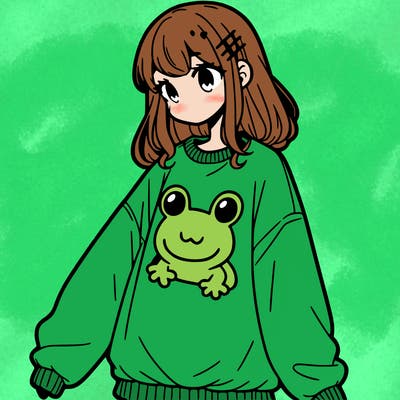 girl wearing frogging sweatshirt