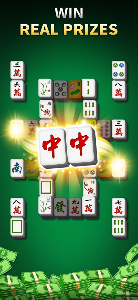 Mahjong Solitaire: Win Cash - Pantalla de juego de Mahjong Solitario mostrando fichas que coinciden y una pila de efectivo con el titular Gana Premios Reales