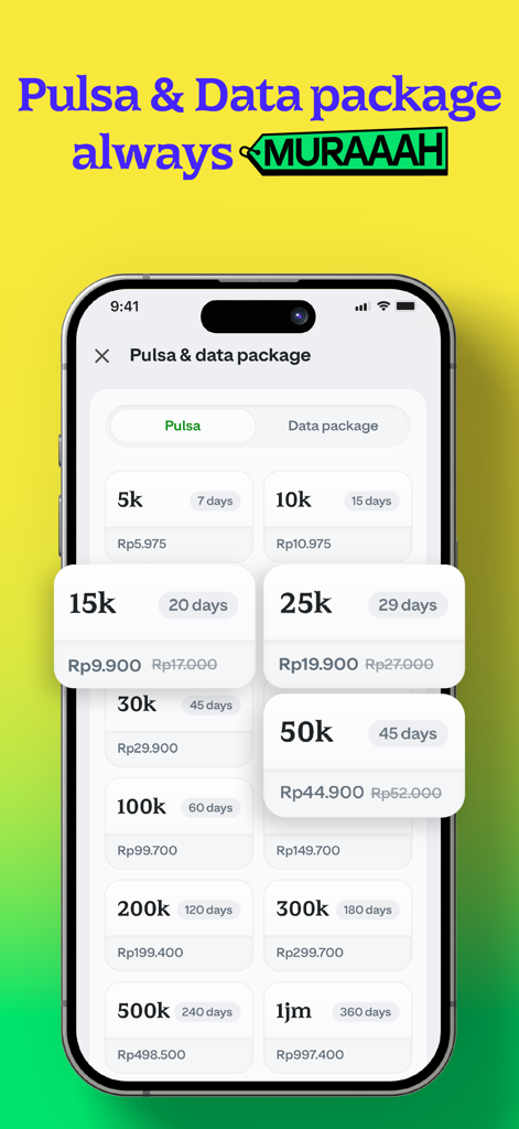 GoPay app screen showing discounted mobile pulsa and data package options in Indonesian Rupiah.