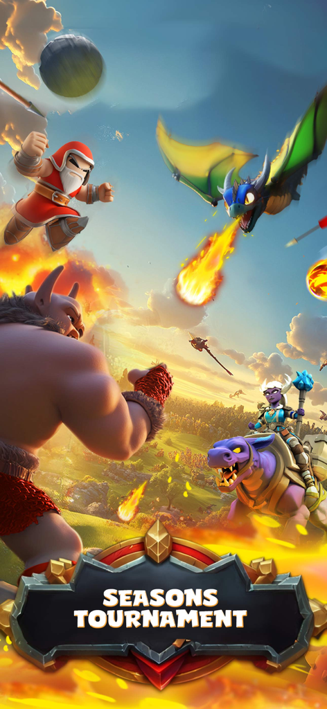 Fantasy battle scene in Tiny Legends RPG featuring characters and a dragon under a Seasons Tournament banner