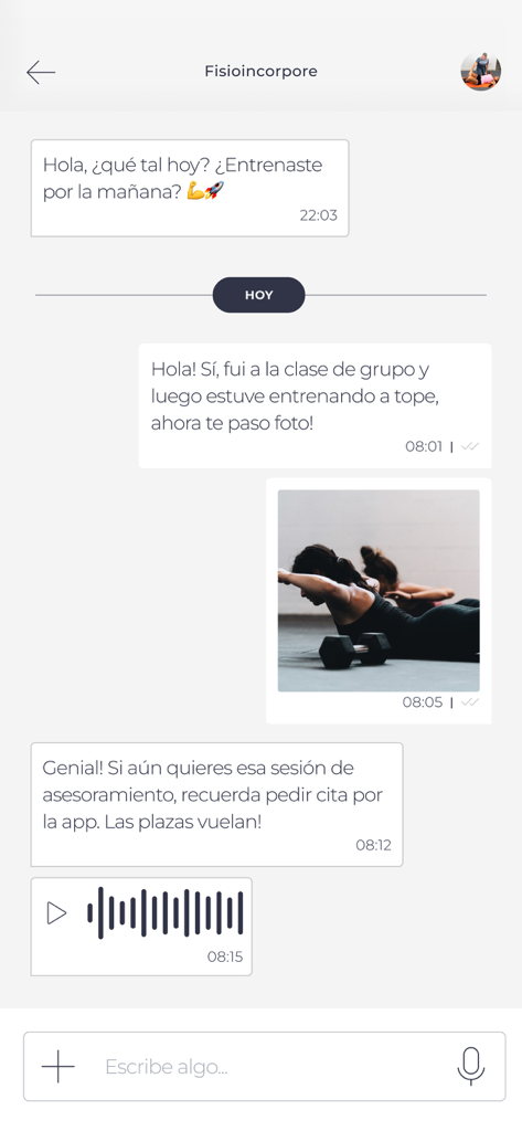 Fisioincorpore Training - Direct messaging interface in Fisioincorpore Training app showing communication between a client and a health professional including a shared exercise photo and voice note