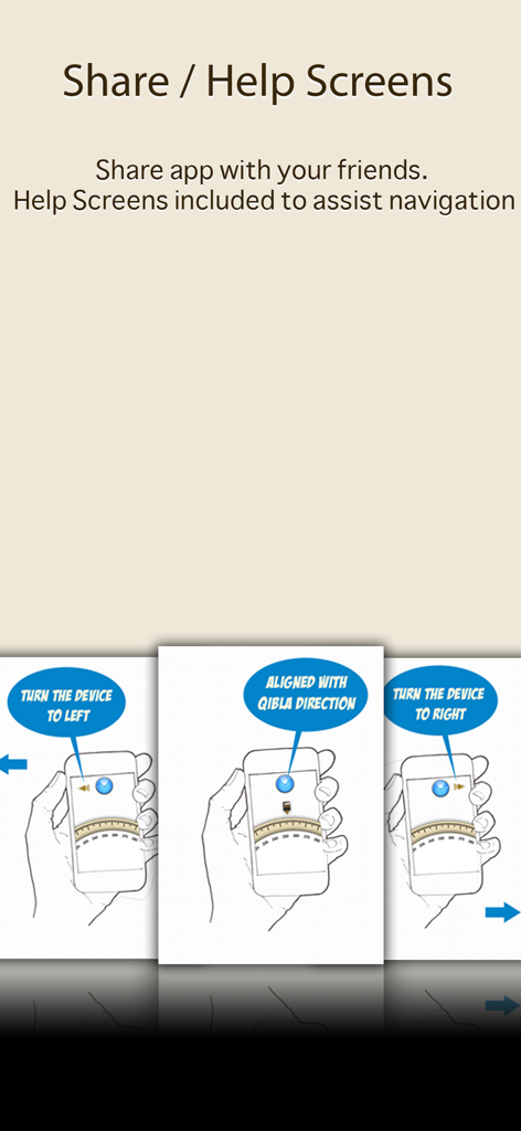 Qibla Compass - Anleitende Hilfebildschirme, die zeigen, wie ein Mobilgerät mit der Qibla-Richtung ausgerichtet wird.