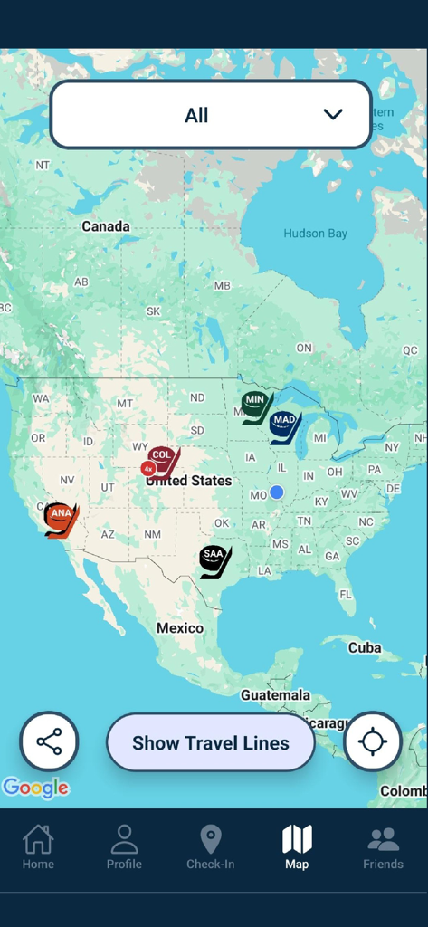 My Hockey Passport - A map of the United States and Canada within the My Hockey Passport app showing various arena check-ins with team icons.
