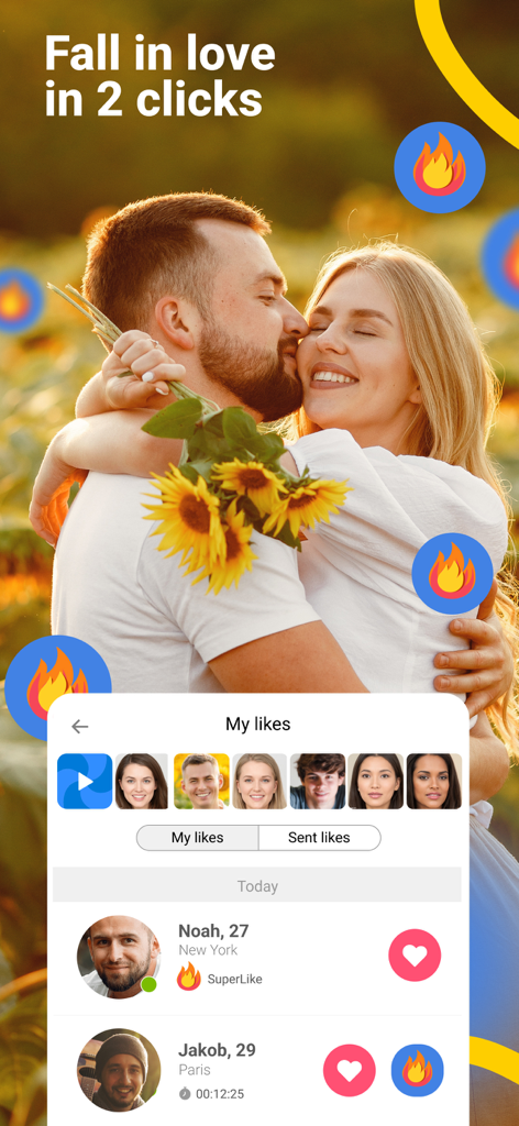Maria Dating App Bildschirm zeigt eine Liste von Likes und ein glückliches Paar