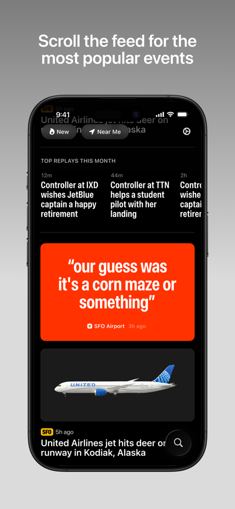 ATC Live Air Traffic Radioアプリの人気イベントフィード、リプレイと航空インシデントを表示