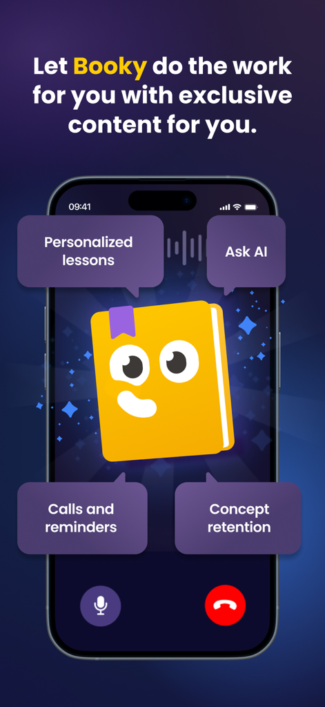 Booksterアプリのインターフェース。BookyのマスコットとAI学習ツールが特徴です。