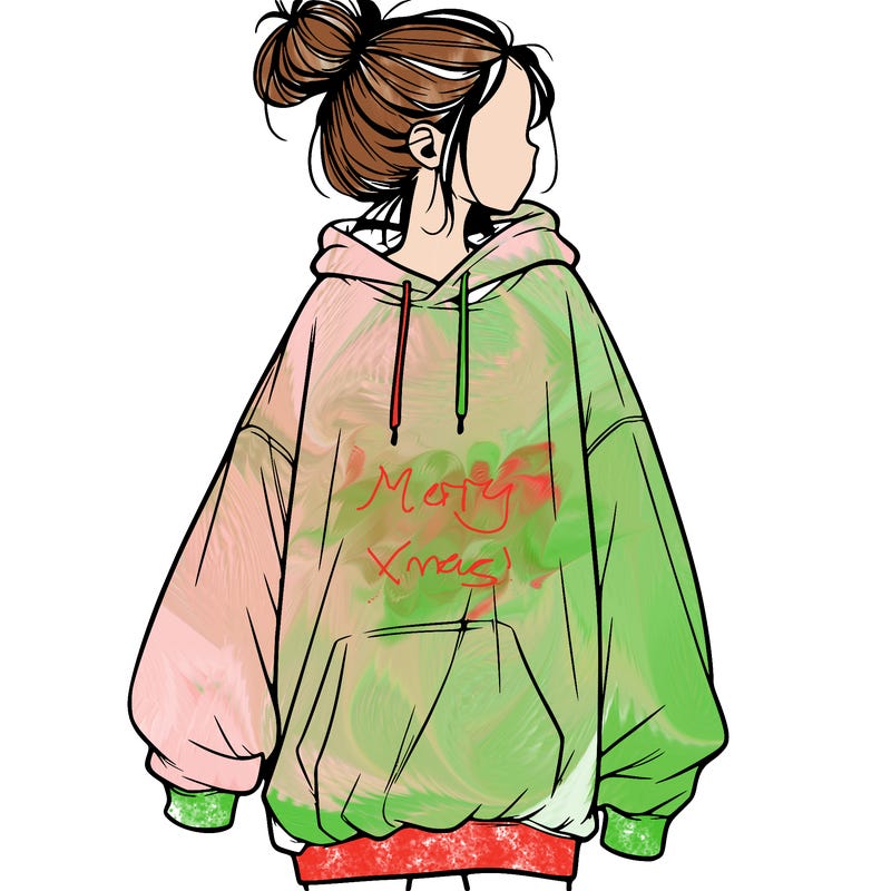 realistic girl with a oversized sweatshirt on and a bun