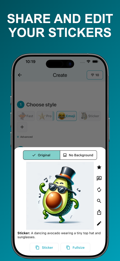 Sticker AI: Generate Anything - A mobile app screen showing an AI generated dancing avocado sticker with options to edit and share.