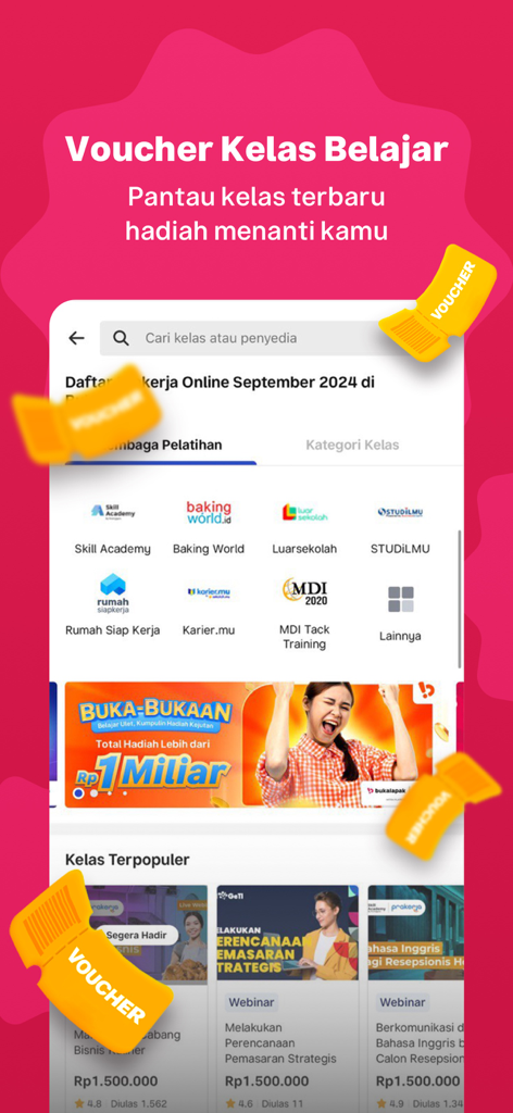 Bukalapak - Jual Beli Online - Screenshot of Bukalapak app showing available learning vouchers and popular online training courses from Indonesia