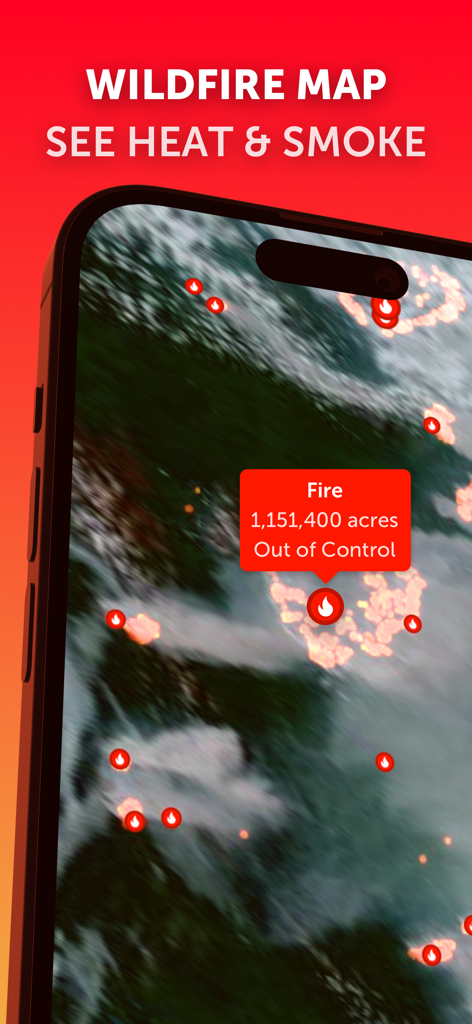 Zoom Earth - Weather Forecast - Zoom Earth app showing a real-time wildfire map with heat spots and out of control fire data