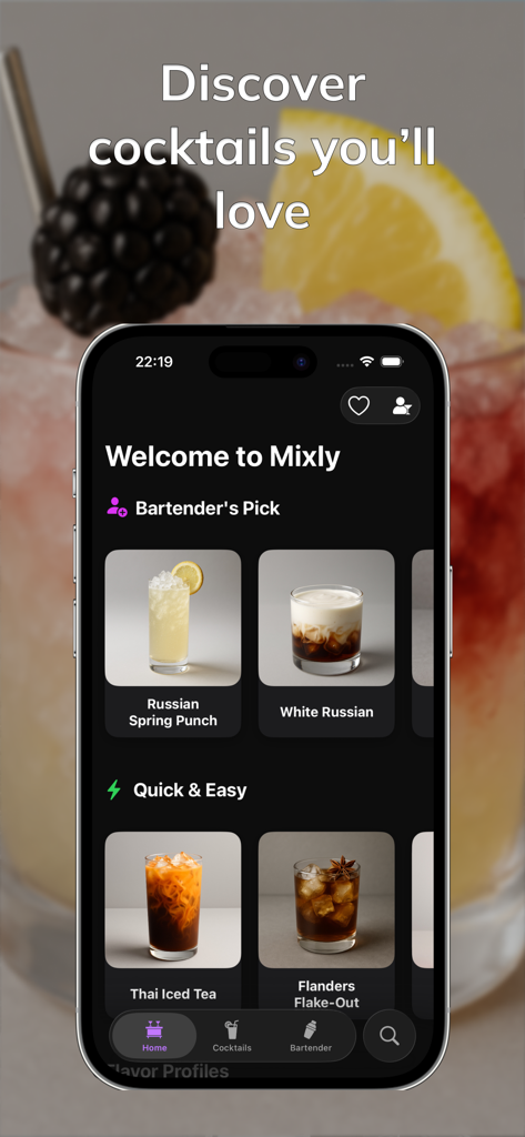 Mixly: Cocktail Recipes - Mixly app home screen showing cocktail categories like Bartenders Pick and Quick and Easy