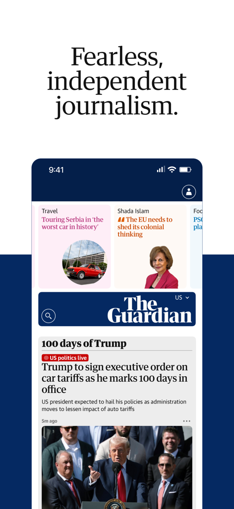 The Guardian - US & World News - Mobile interface of The Guardian app showing news articles and independent journalism branding